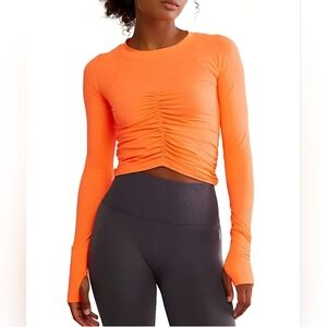 FP Movement Tempo Ruched Long Sleeve Top In Neon Coral, NWT